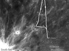 South traverse (EVA 2). EVA 1 to the west. On LROC image