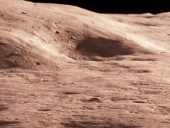 EVA-3 area, with station 11 on the rim of North Ray crater, and station 13 by Shadow Rock, downslope from the flank of North Ray. Ravine crater in the back, into the slope of Smoky Mountain