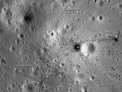 Current LROC low orbit view of the landing site. Rover and Orion, ALSEP and tracks. Unbelieveable detail!