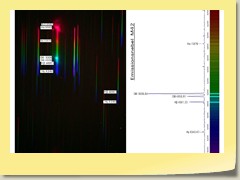 Orion-Nebula emissions in hydrogen, helium, and doubly ionized oxygen. Grating in front of 200 mm zoomlens. Analysis: Roar Skartlien. Reference spectrum from the atlas of Richard Walker, 2010.